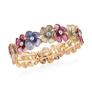 Austrian Crystal, Multi Color Enameled Floral Bangle Bracelet in Goldtone (7-7.5In)  