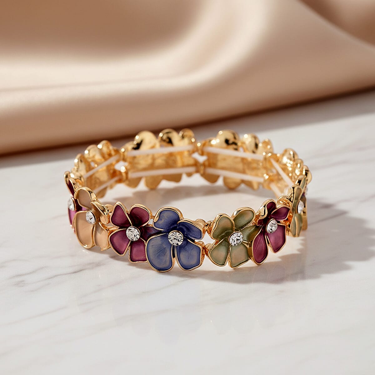 Austrian Crystal, Multi Color Enameled Floral Bangle Bracelet in Goldtone (7-7.5In)   image number 1