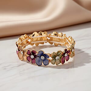 Austrian Crystal, Multi Color Enameled Floral Bangle Bracelet in Goldtone (7-7.5In)  