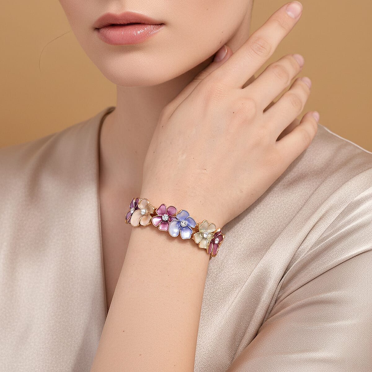 Austrian Crystal, Multi Color Enameled Floral Bangle Bracelet in Goldtone (7-7.5In)   image number 2