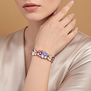 Austrian Crystal, Multi Color Enameled Floral Bangle Bracelet in Goldtone (7-7.5In)  