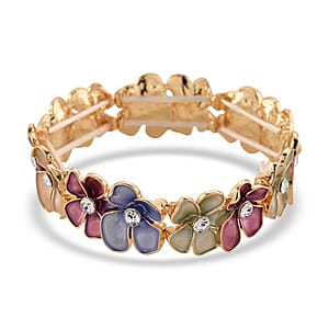 Austrian Crystal, Multi Color Enameled Floral Bangle Bracelet in Goldtone (7-7.5In)  