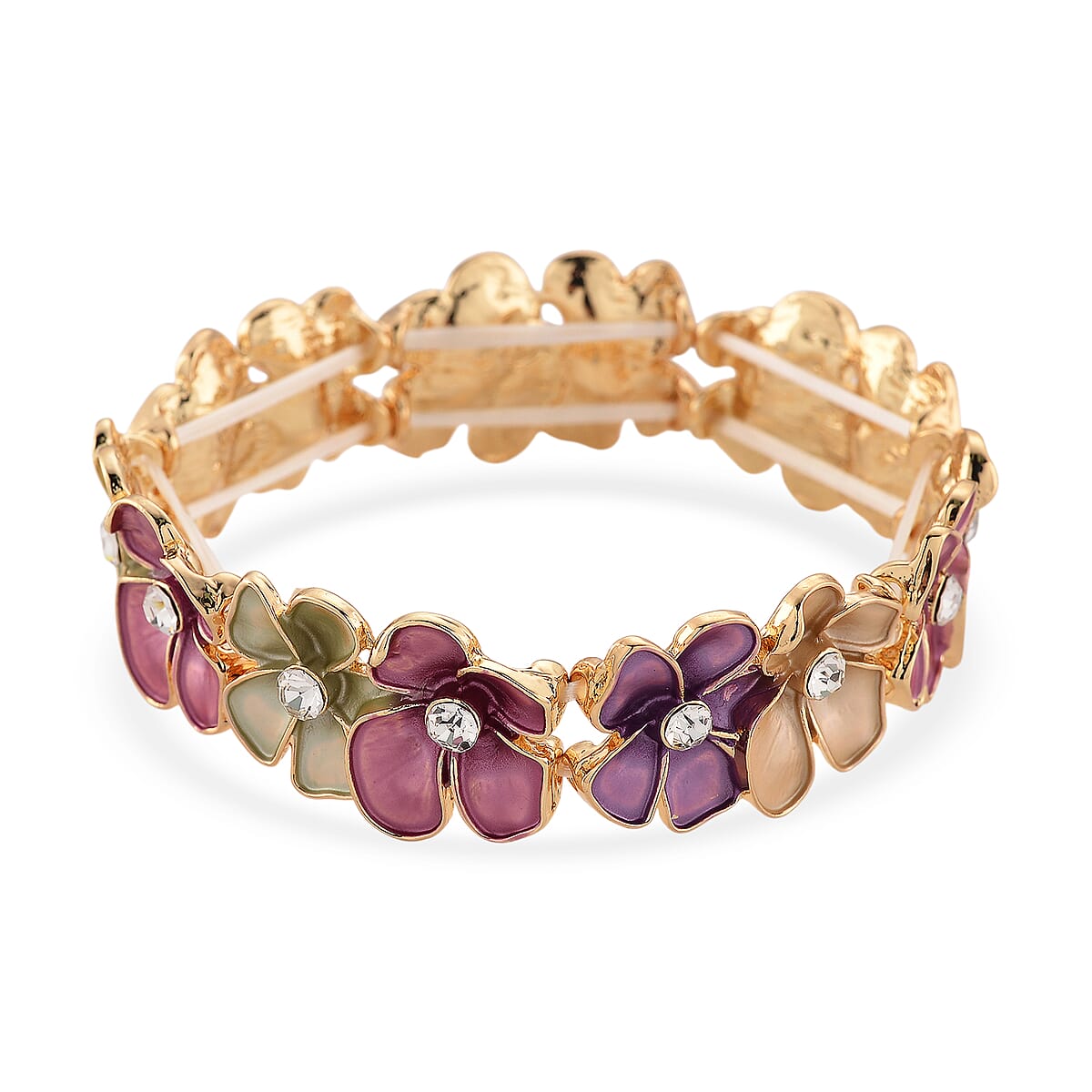 Austrian Crystal, Multi Color Enameled Floral Bangle Bracelet in Goldtone (7-7.5In)   image number 4