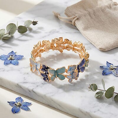 Multi Color Enameled Butterfly Bangle Bracelet in Goldtone (7-7.5In)
