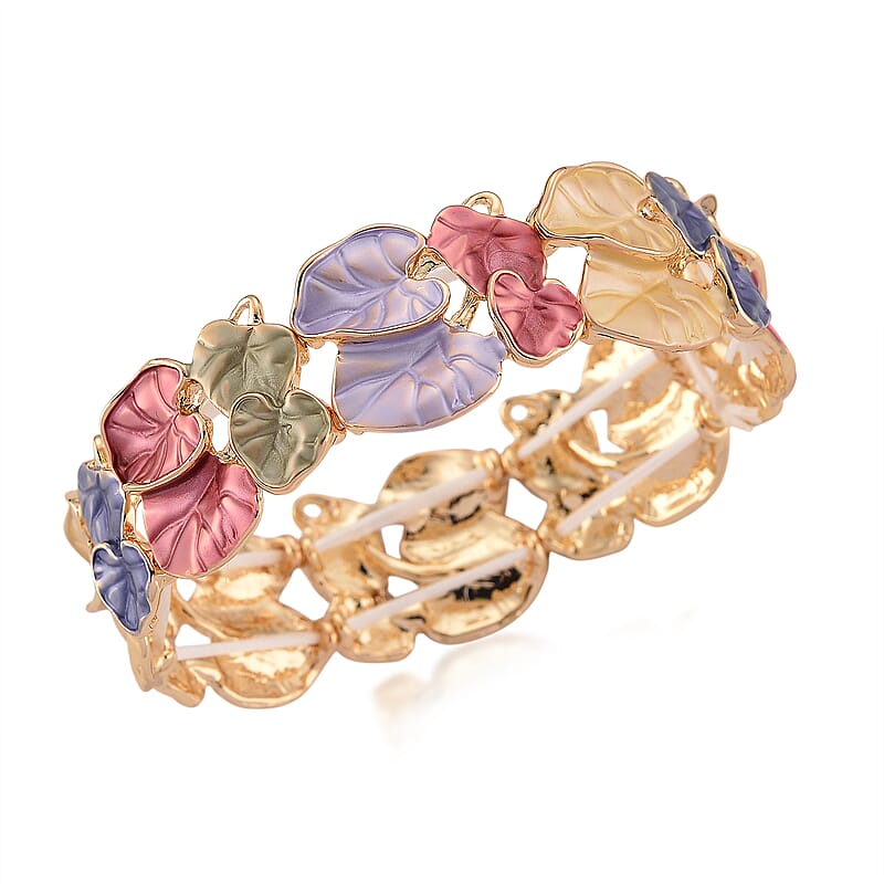 Multi Color Enameled Lily Pad Leaves Bangle Bracelet in Goldtone (7-7.5In)