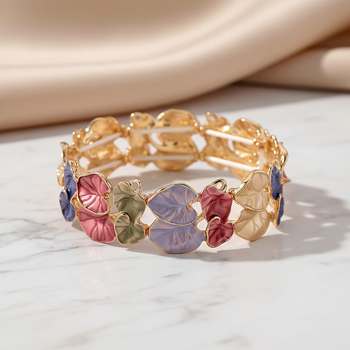 Multi Color Enameled Floral Bangle Bracelet in Goldtone (7-7.5In)   image number 1