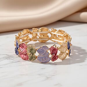Multi Color Enameled Floral Bangle Bracelet in Goldtone (7-7.5In)  