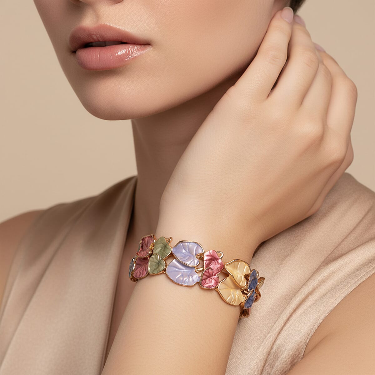 Multi Color Enameled Floral Bangle Bracelet in Goldtone (7-7.5In)   image number 2