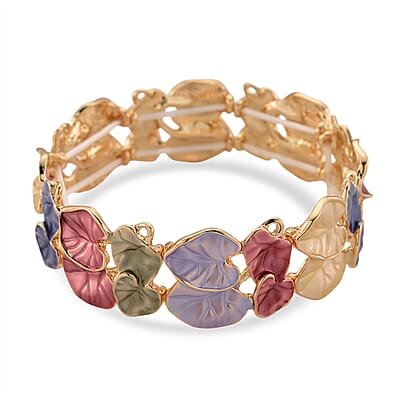 Multi Color Enameled Lily Pad Leaves Bangle Bracelet in Goldtone (7-7.5In)