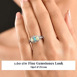 D'Joy Ethiopian Welo Opal, White Zircon Ring in Platinum Over Sterling Silver 1.60 ctw (Size 10.0)