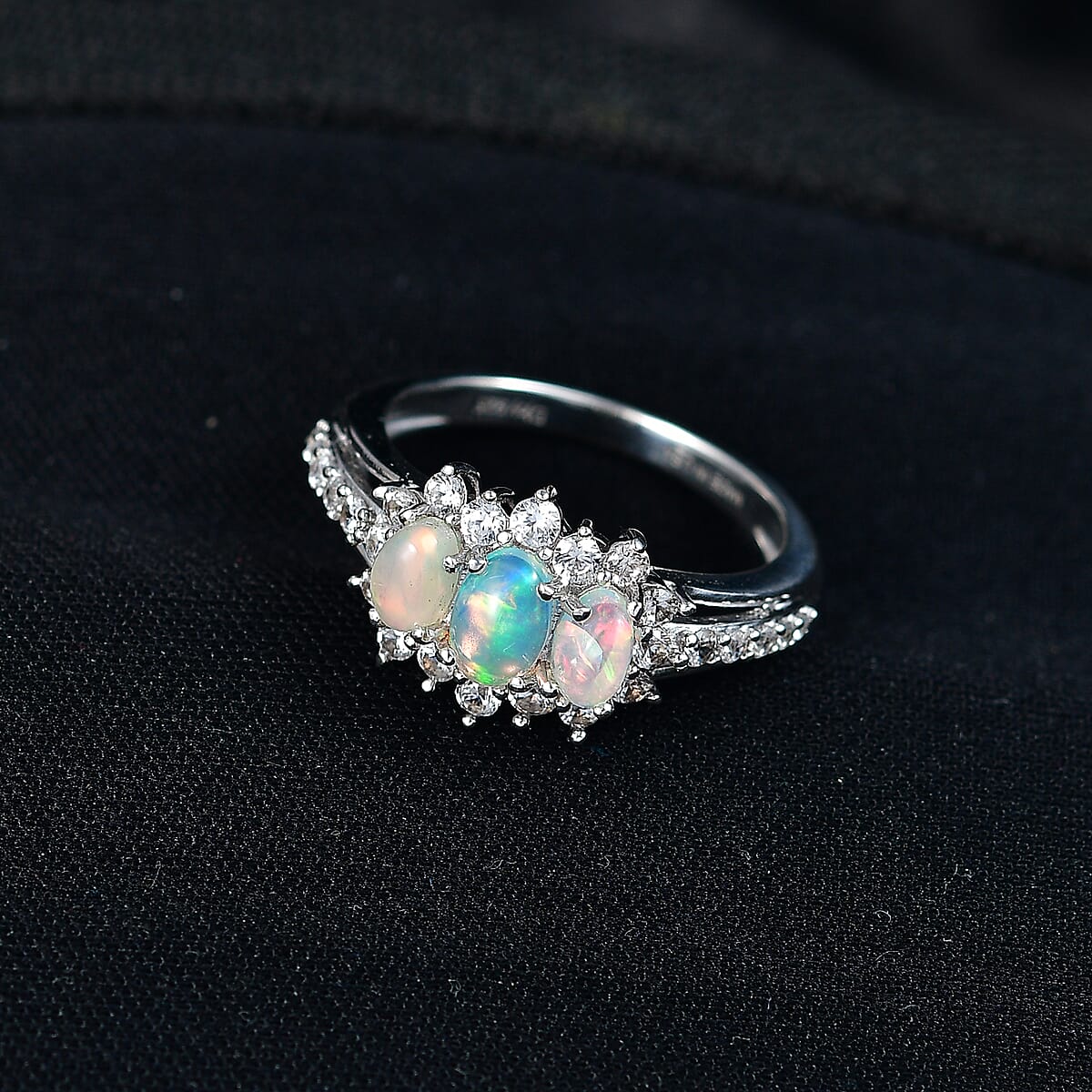 D'Joy Premium Ethiopian Welo Opal and White Zircon 1.60 ctw Ring in Platinum Over Sterling Silver (Size 6.0) image number 1