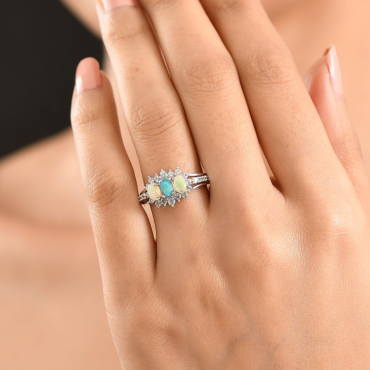 D'Joy Premium Ethiopian Welo Opal and White Zircon 1.60 ctw Ring in Platinum Over Sterling Silver (Size 6.0) image number 2