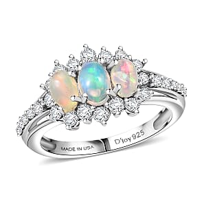 D'Joy Premium Ethiopian Welo Opal and White Zircon 1.60 ctw Ring in Platinum Over Sterling Silver (Size 7.0)