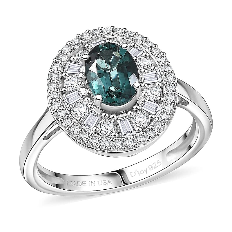 D'Joy  Pirineu Lagoon Tourmaline, Moissanite Ring in Rhodium Over Sterling Silver 2.15 ctw (Size 6.0)