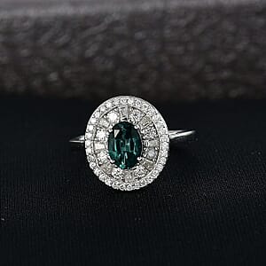 D'Joy  Pirineu Lagoon Tourmaline, Moissanite Ring in Rhodium Over Sterling Silver 2.15 ctw (Size 6.0)