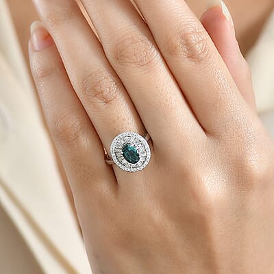 D'Joy  Pirineu Lagoon Tourmaline, Moissanite Ring in Rhodium Over Sterling Silver 2.15 ctw (Size 6.0)