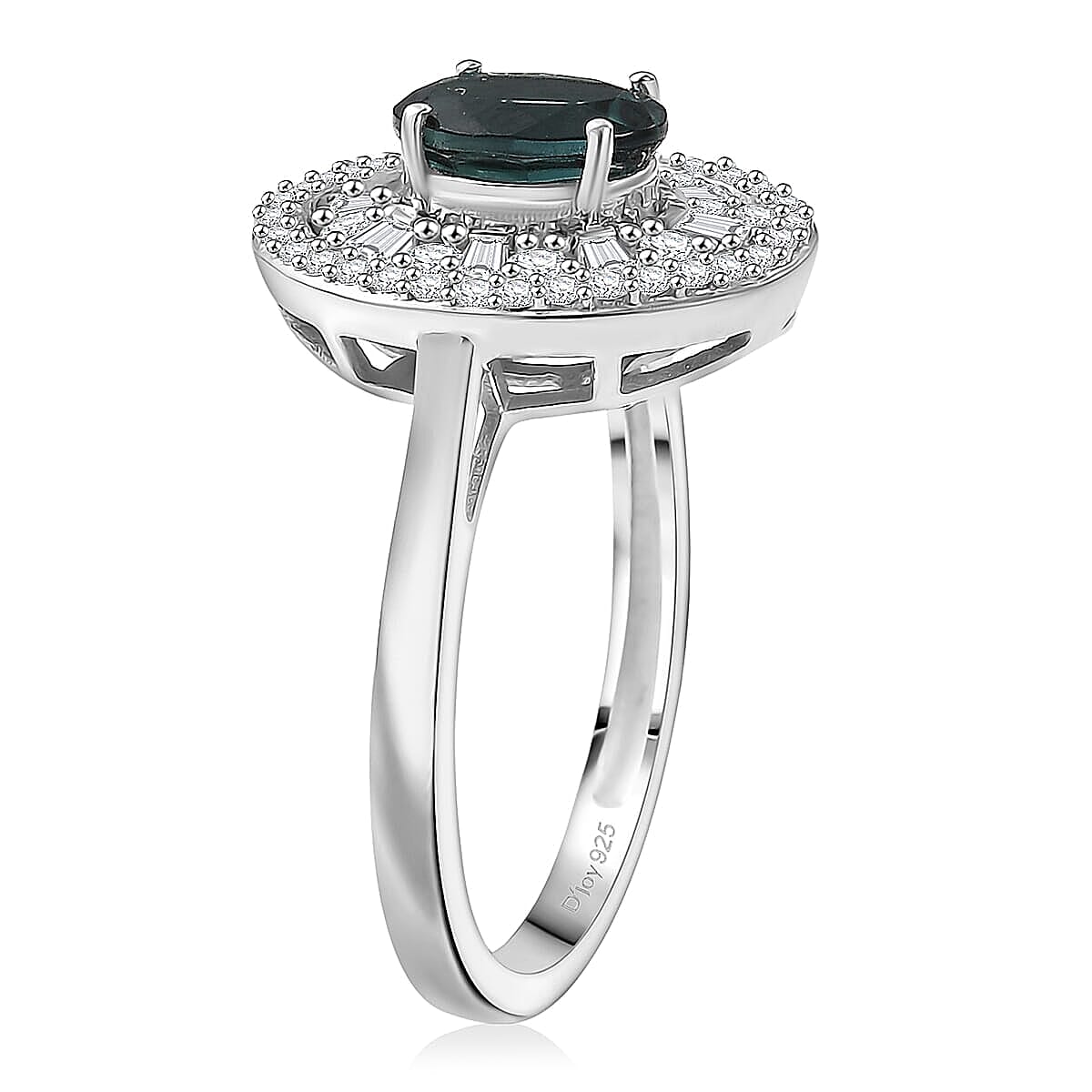 D'Joy  Pirineu Lagoon Tourmaline, Moissanite Ring in Rhodium Over Sterling Silver 2.15 ctw (Size 6.0)