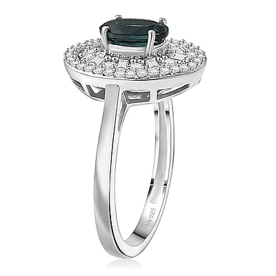 D'Joy  Pirineu Lagoon Tourmaline, Moissanite Ring in Rhodium Over Sterling Silver 2.15 ctw (Size 6.0)