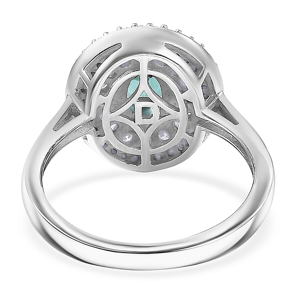 D'Joy  Pirineu Lagoon Tourmaline, Moissanite Ring in Rhodium Over Sterling Silver 2.15 ctw (Size 6.0)