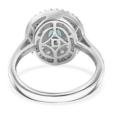 D'Joy  Pirineu Lagoon Tourmaline, Moissanite Ring in Rhodium Over Sterling Silver 2.15 ctw (Size 6.0)