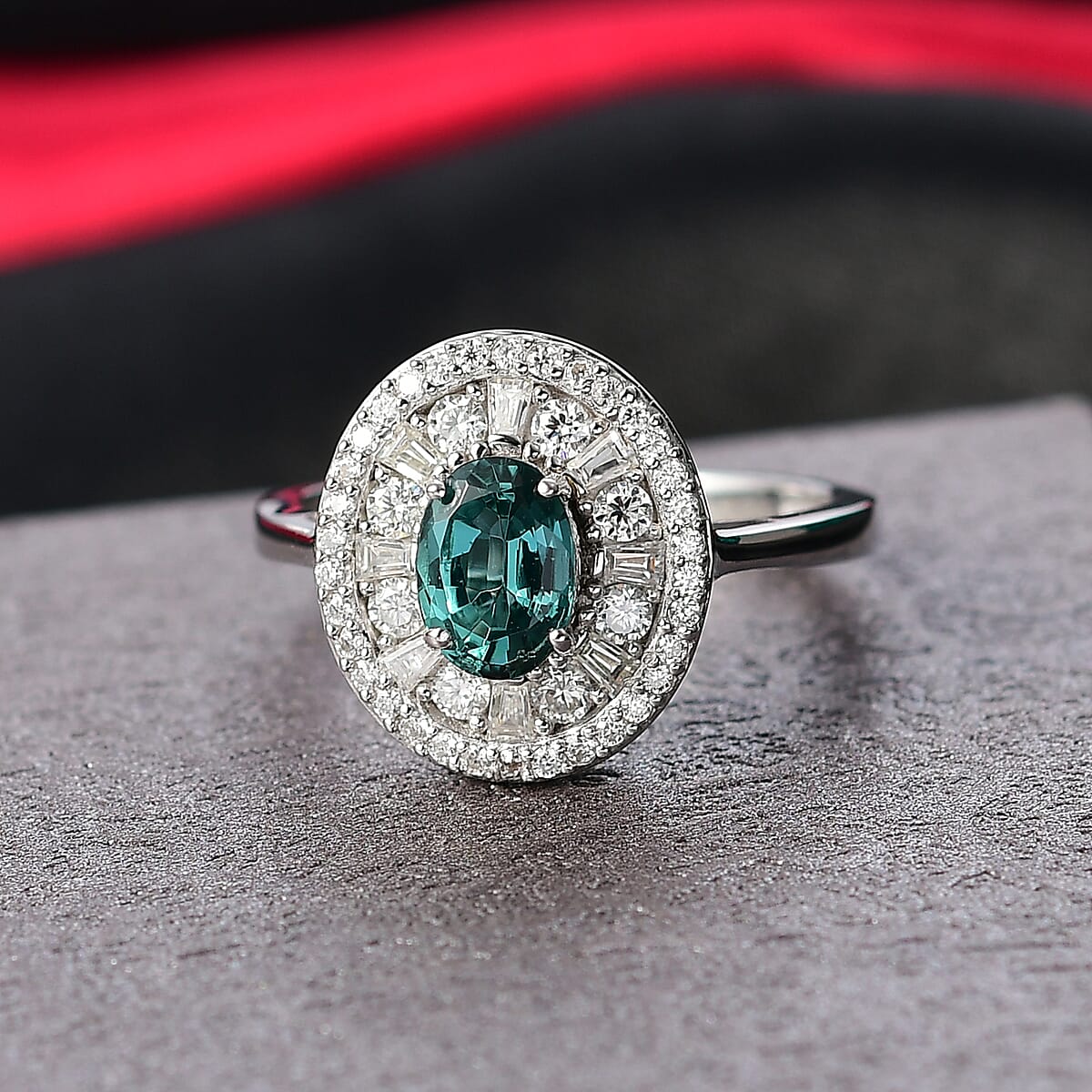 D'Joy Premium Pirineu Lagoon Tourmaline and Moissanite 2.15 ctw Ring in Rhodium Over Sterling Silver (Size 7.0) image number 1