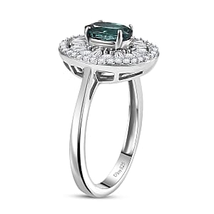 D'Joy  Pirineu Lagoon Tourmaline, Moissanite Ring in Rhodium Over Sterling Silver 2.15 ctw (Size 7.0)