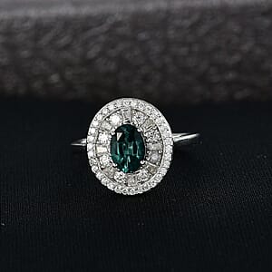 D'Joy  Pirineu Lagoon Tourmaline, Moissanite Ring in Rhodium Over Sterling Silver 2.15 ctw (Size 8.0)