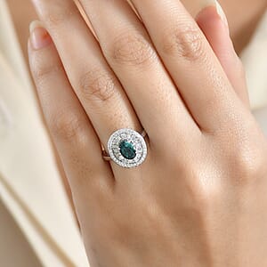 D'Joy  Pirineu Lagoon Tourmaline, Moissanite Ring in Rhodium Over Sterling Silver 2.15 ctw (Size 8.0)