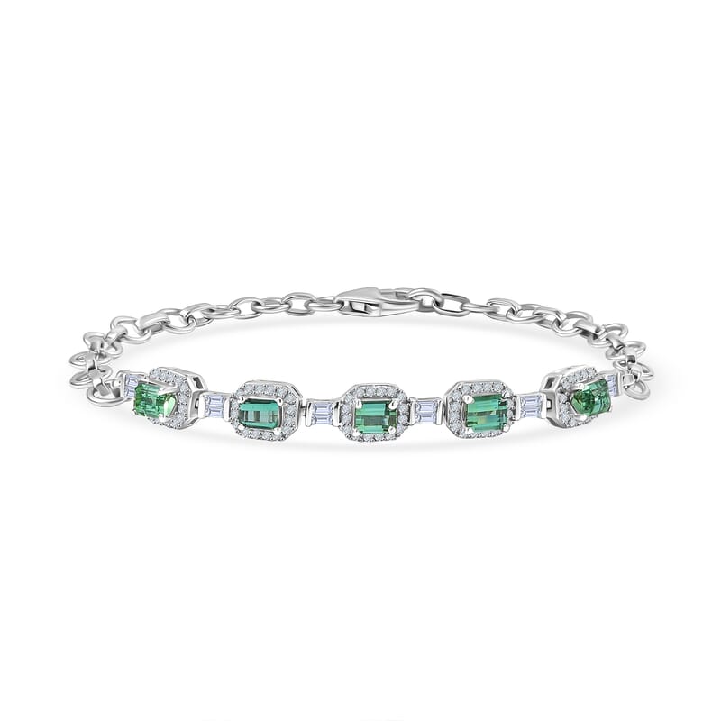 D'Joy Premium Pirineu Lagoon Tourmaline and Diamond 1.80 ctw Bracelet in Rhodium Over Sterling Silver (6.50 In)