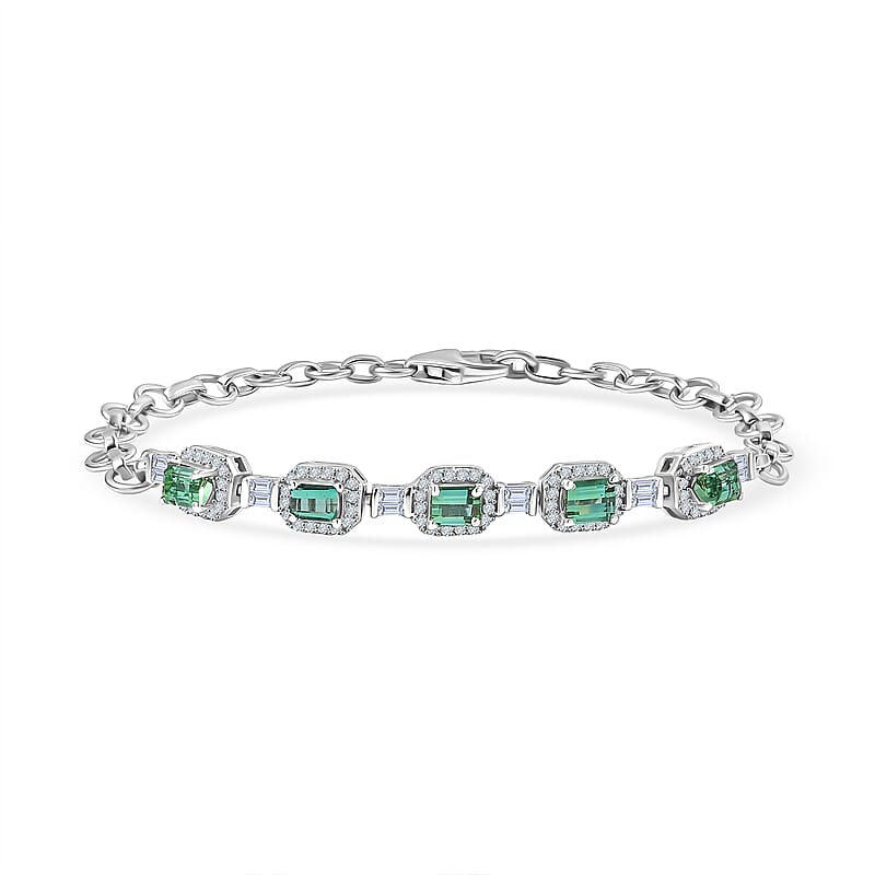D'Joy Premium Pirineu Lagoon Tourmaline and Diamond 1.80 ctw Bracelet in Rhodium Over Sterling Silver (6.50 In)