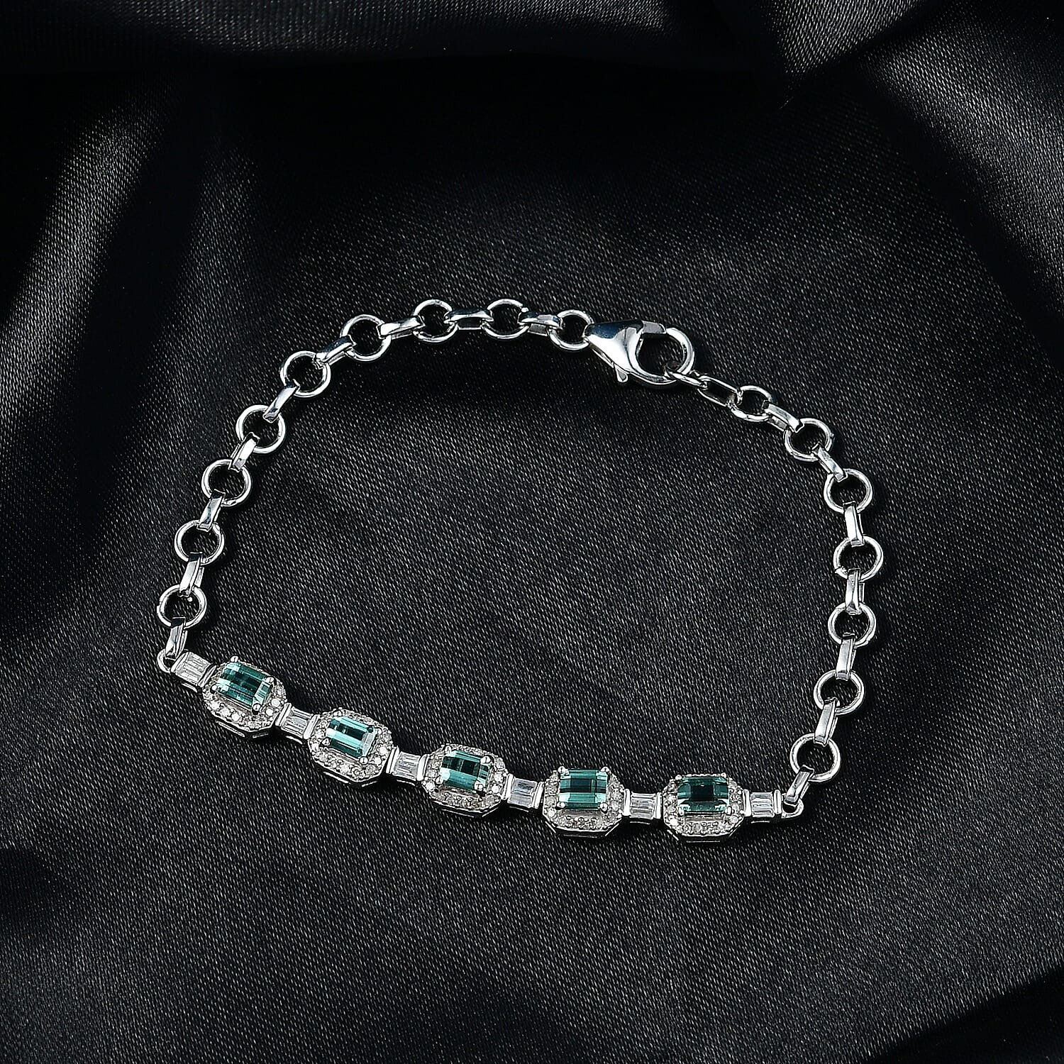 D'Joy Premium Pirineu Lagoon Tourmaline and Diamond 1.80 ctw Bracelet in Rhodium Over Sterling Silver (6.50 In)