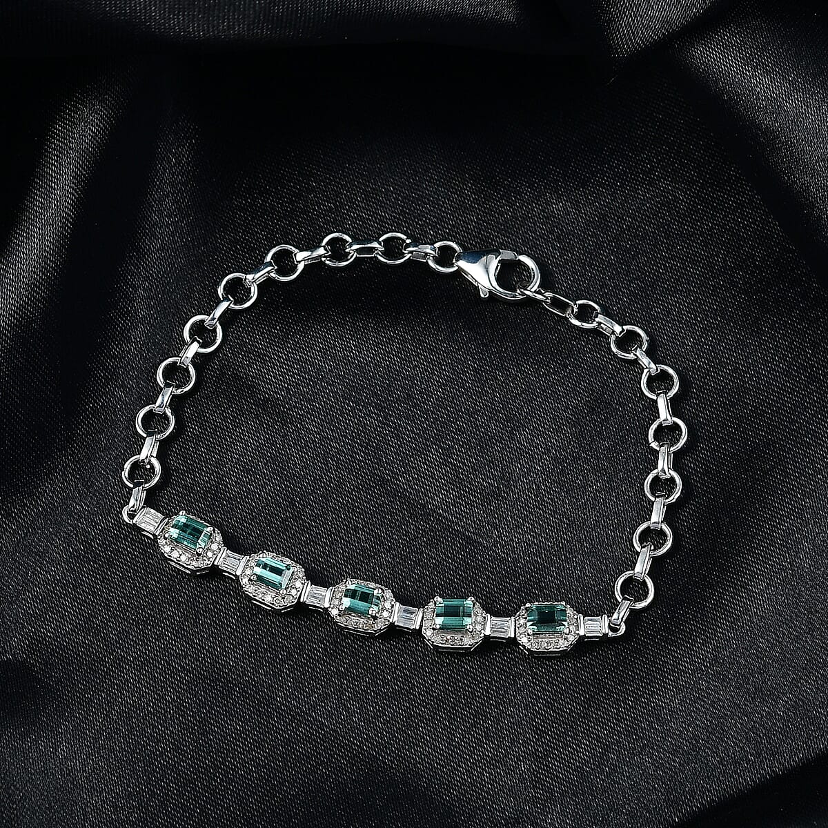 D'Joy Premium Pirineu Lagoon Tourmaline, Diamond (0.44 cts) Bracelet in Rhodium Over Sterling Silver (6.50 In) 1.80 ctw image number 1