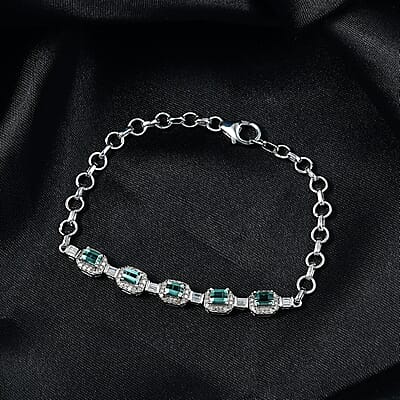 D'Joy Premium Pirineu Lagoon Tourmaline and Diamond 1.80 ctw Bracelet in Rhodium Over Sterling Silver (6.50 In)