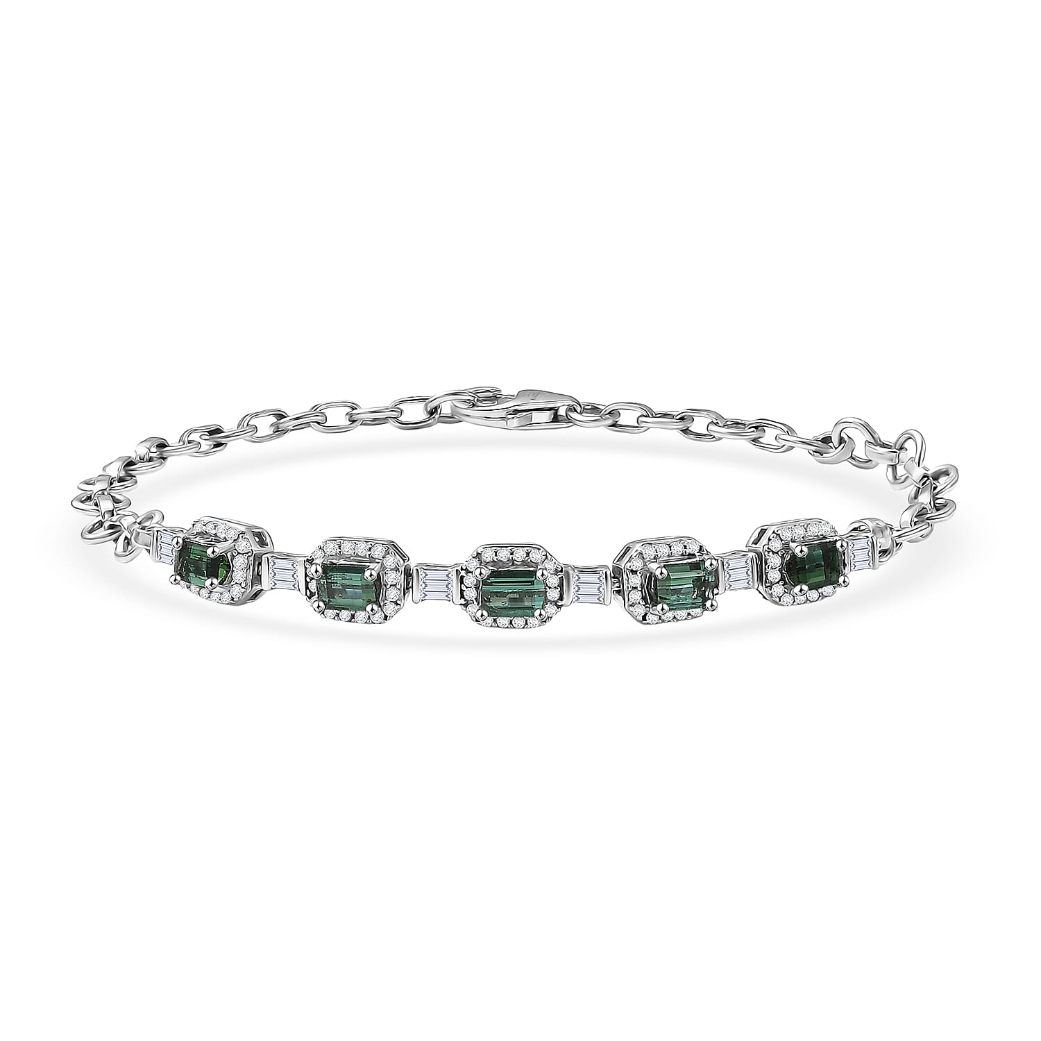 D'Joy Premium Pirineu Lagoon Tourmaline, Diamond Bracelet in Rhodium Over Sterling Silver 1.80 ctw (7.25 Inches)