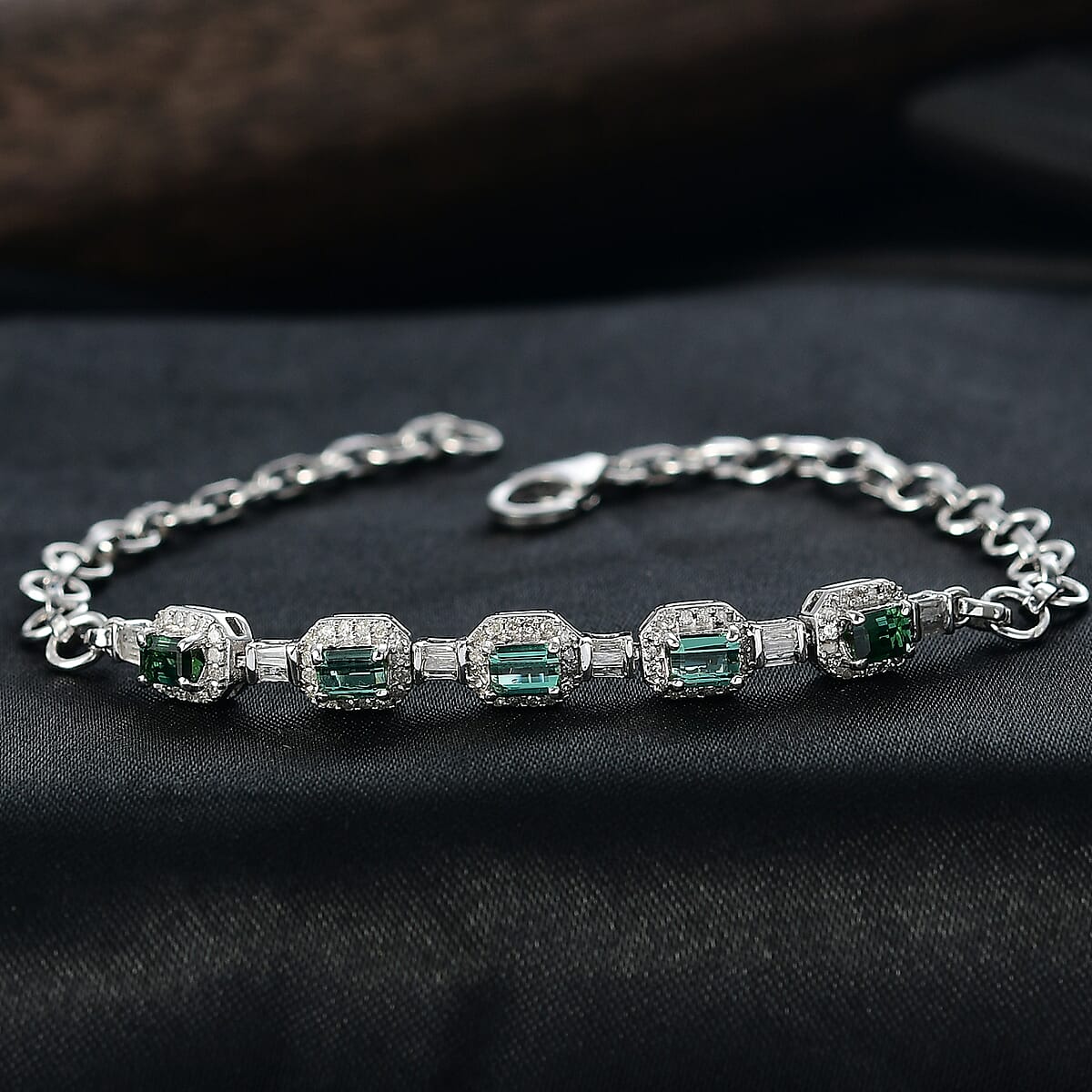D'Joy Premium Pirineu Lagoon Tourmaline and Diamond 1.80 ctw Bracelet in Rhodium Over Sterling Silver (7.25 In) image number 1