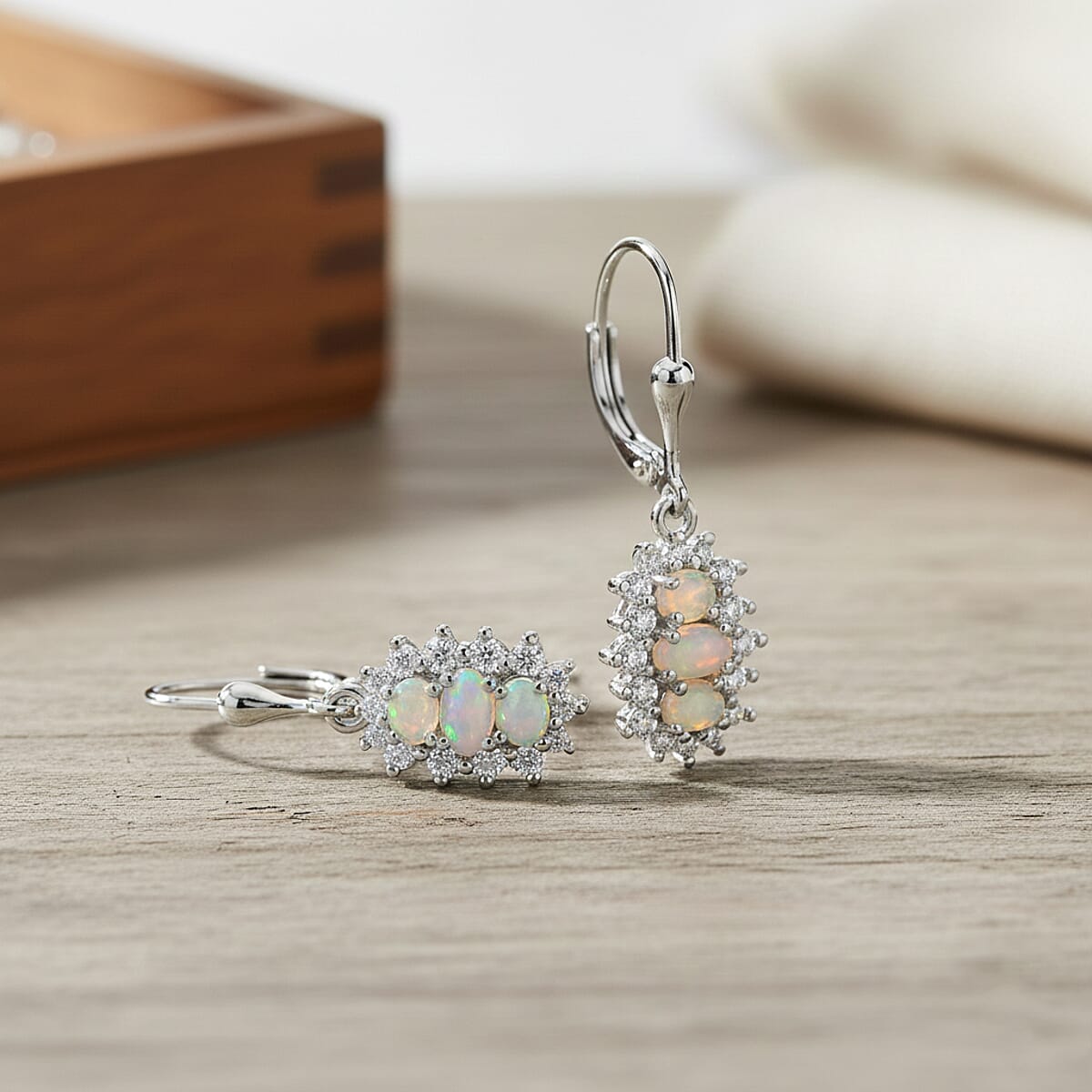 D'Joy Premium Ethiopian Welo Opal and White Zircon 2.00 ctw Earrings in Platinum Over Sterling Silver image number 1
