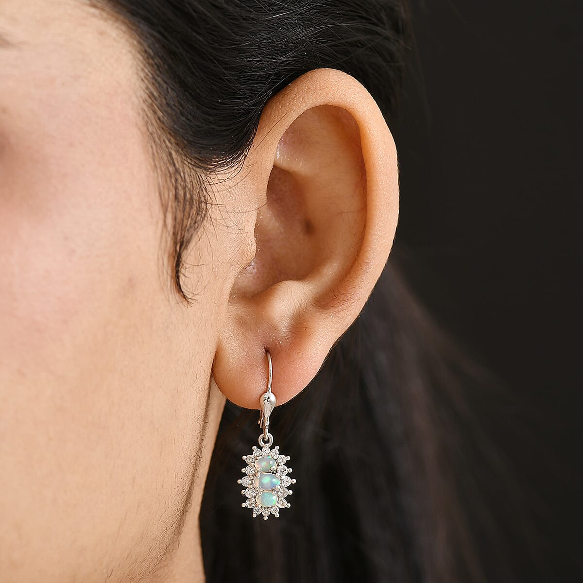 D'Joy Premium Ethiopian Welo Opal and White Zircon 2.00 ctw Earrings in Platinum Over Sterling Silver image number 2