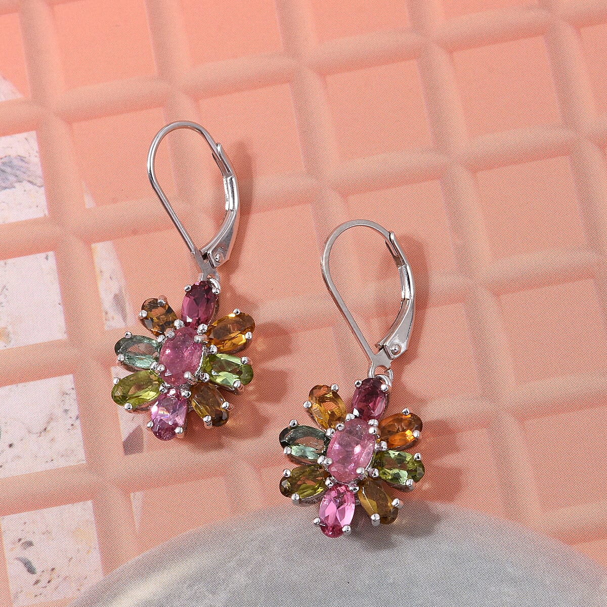 Doorbuster D'Joy Multi-Tourmaline 4.40 ctw Earrings in Rhodium Over Sterling Silver image number 1
