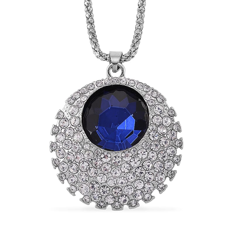 Simulated Blue Sapphire and Austrian Crystal Celestial Pendant Necklace in Silvertone 24-26 Inches