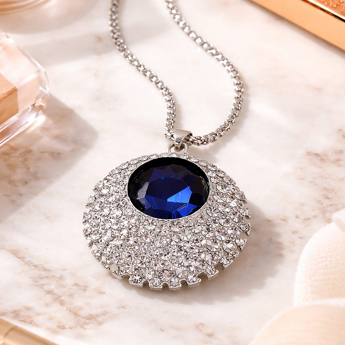 Simulated Blue Sapphire and Austrian Crystal Celestial Pendant Necklace in Silvertone 24-26 Inches image number 1