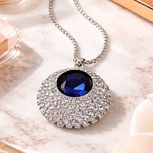 Simulated Blue Sapphire and Austrian Crystal Celestial Pendant Necklace in Silvertone 24-26 Inches
