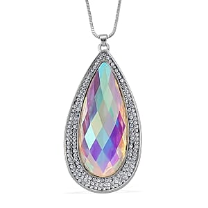 Simulated Mystic Quartz and Austrian Crystal Elongated Pendant Necklace in Silvertone 24-26 Inches