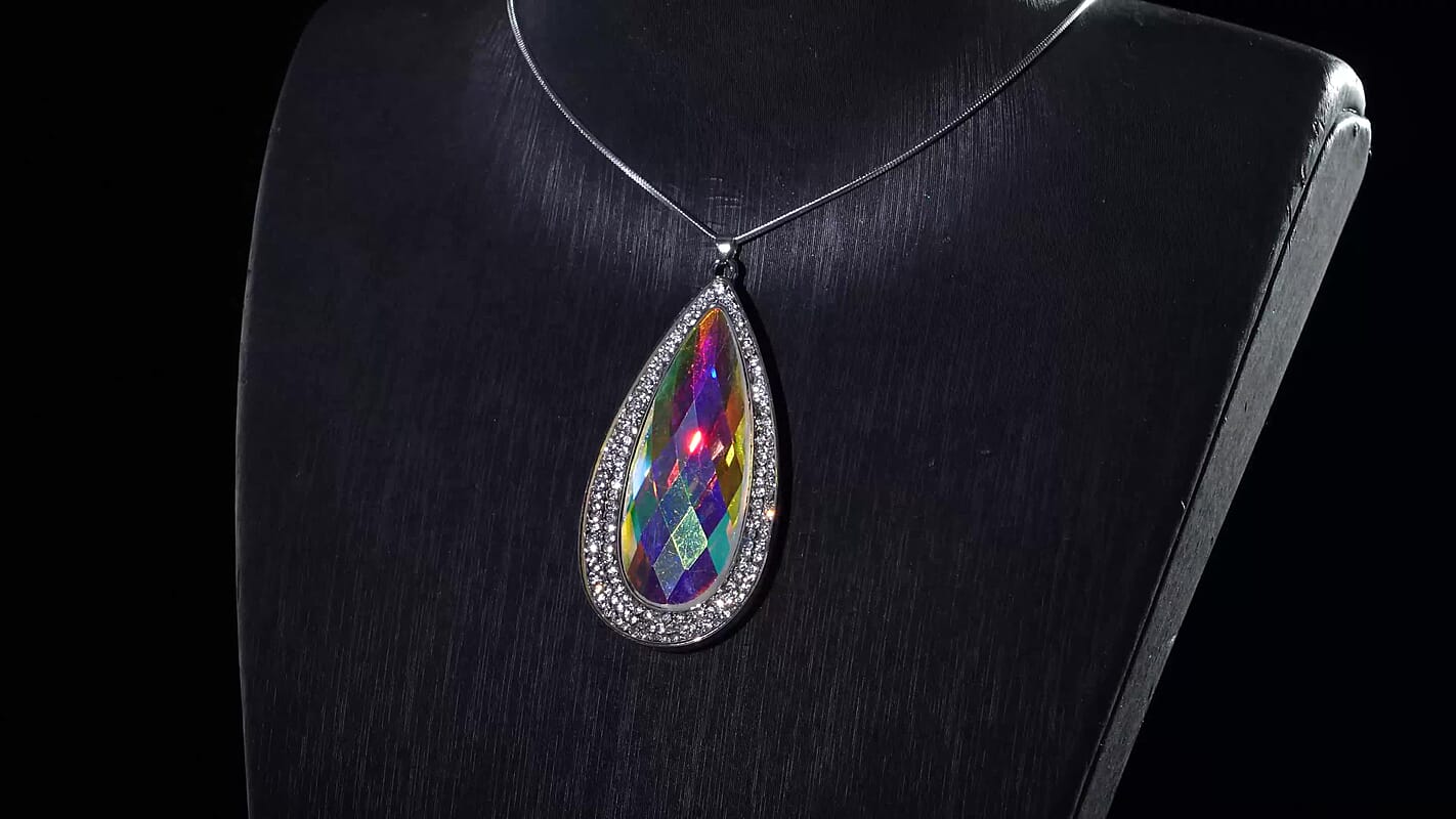 Simulated Mystic Quartz and Austrian Crystal Elongated Pendant Necklace in Silvertone 24-26 Inches