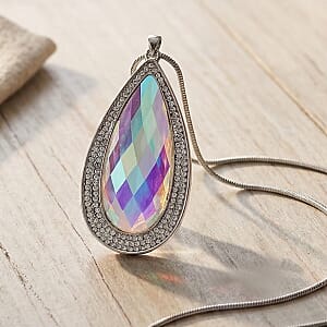 Simulated Mystic Quartz and Austrian Crystal Elongated Pendant Necklace in Silvertone 24-26 Inches