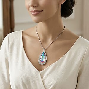 Simulated Mystic Quartz and Austrian Crystal Elongated Pendant Necklace in Silvertone 24-26 Inches