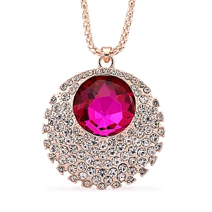 Simulated Fuchsia Sapphire and Austrian Crystal Celestial Pendant Necklace in Rosetone 24-26 Inches