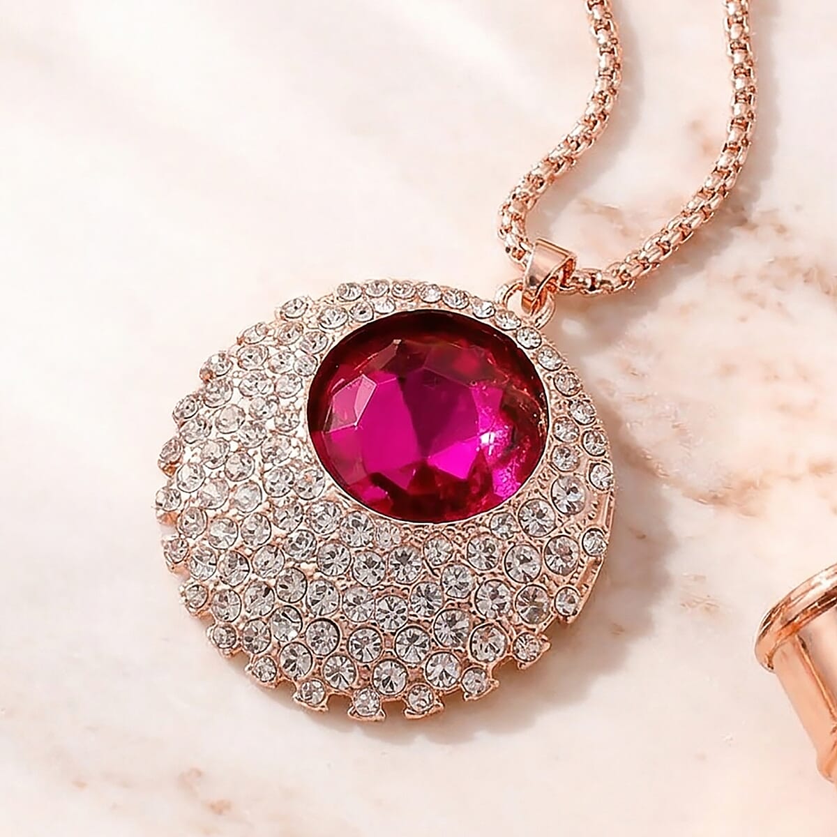 Simulated Fuchsia Sapphire and Austrian Crystal Celestial Pendant Necklace in Rosetone 24-26 Inches image number 1