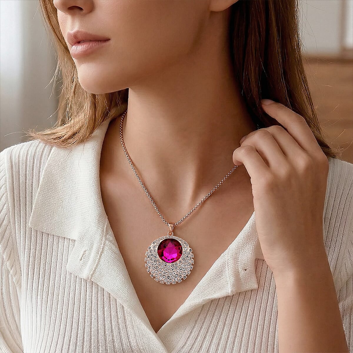 Simulated Fuchsia Sapphire and Austrian Crystal Celestial Pendant Necklace in Rosetone 24-26 Inches image number 2