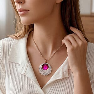 Simulated Fuchsia Sapphire and Austrian Crystal Celestial Pendant Necklace in Rosetone 24-26 Inches