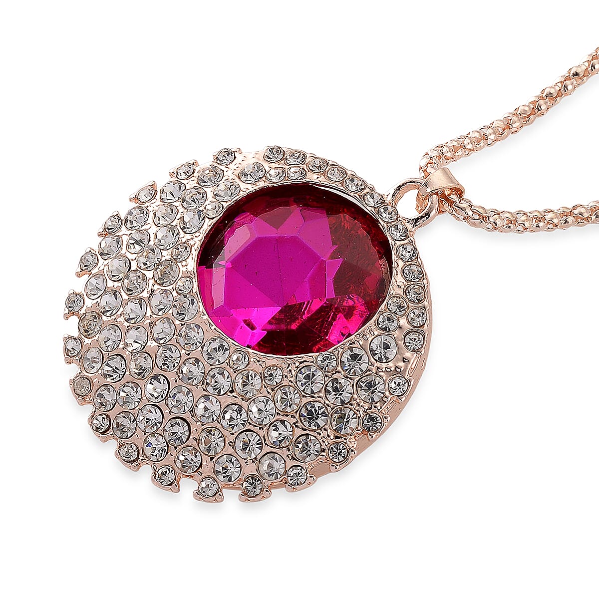 Simulated Fuchsia Sapphire and Austrian Crystal Celestial Pendant Necklace in Rosetone 24-26 Inches image number 3